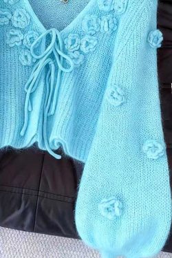 Light Blue Original Design Lace Up Solid Knit Cardigan Floral Fall