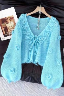 Light Blue Original Design Lace Up Solid Knit Cardigan Floral Fall