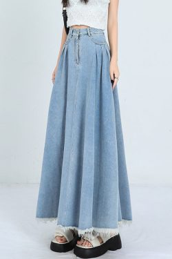 Light Blue Wrinkled Pockets Denim Skirt High Waist