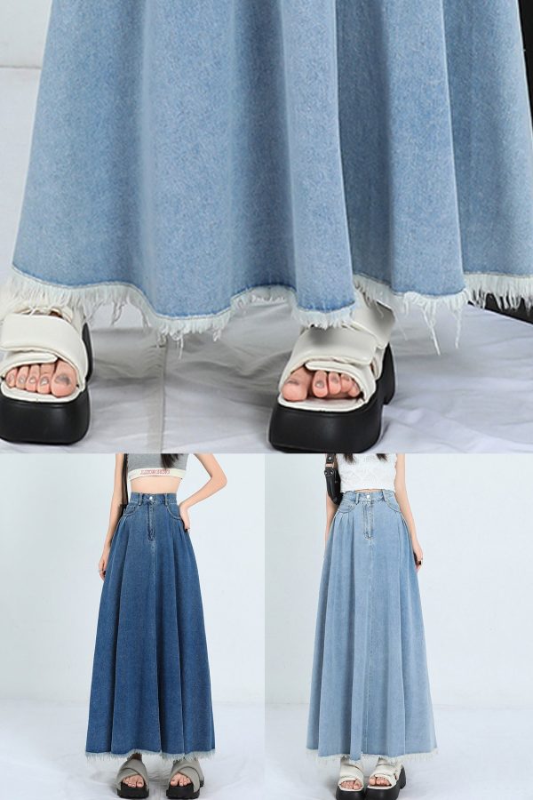 Light Blue Wrinkled Pockets Denim Skirt High Waist