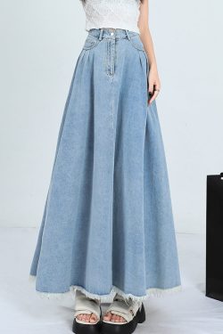 Light Blue Wrinkled Pockets Denim Skirt High Waist
