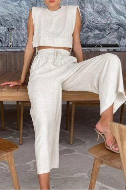 Linen Lace Up Crop Top & Pants Two Piece Set