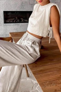 Linen Lace Up Crop Top & Pants Two Piece Set