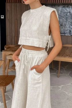 Linen Lace Up Crop Top & Pants Two Piece Set