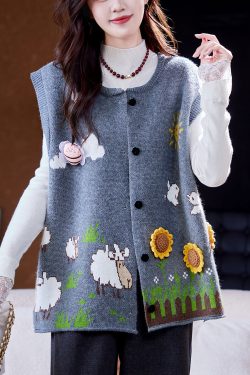 Loose Blue Button Jacquard Sunflower Knit Vest Sleeveless