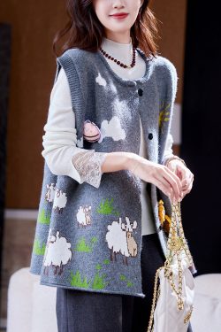 Loose Blue Button Jacquard Sunflower Knit Vest Sleeveless