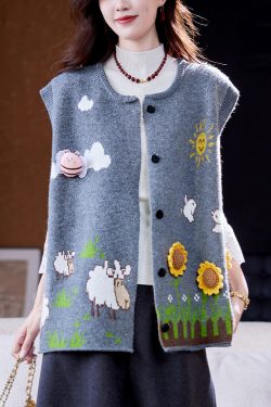 Loose Blue Button Jacquard Sunflower Knit Vest Sleeveless