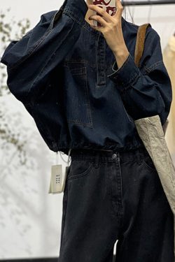 Loose Blue O-Neck Button Pockets Denim Shirt Fall