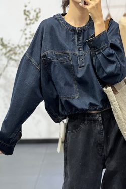 Loose Blue O-Neck Button Pockets Denim Shirt Fall