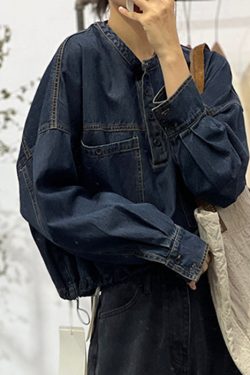Loose Blue O-Neck Button Pockets Denim Shirt Fall