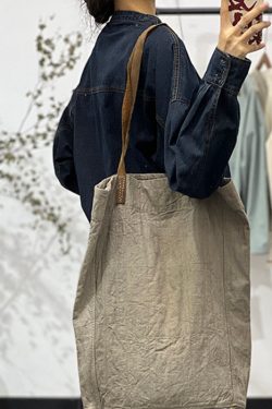 Loose Blue O-Neck Button Pockets Denim Shirt Fall