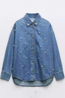 Loose Blue Peter Pan Collar Pearl Denim Shirt Fall