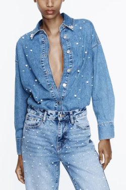 Loose Blue Peter Pan Collar Pearl Denim Shirt Fall