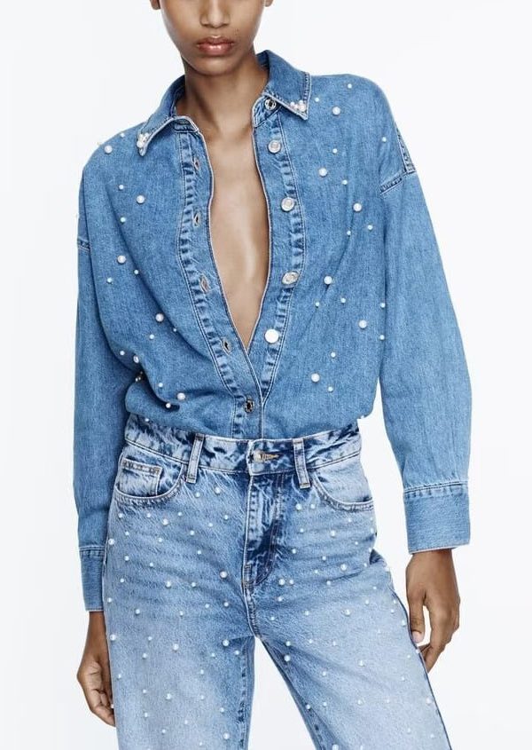 Loose Blue Peter Pan Collar Pearl Denim Shirt Fall