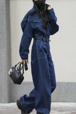 Loose Blue Peter Pan Collar Pockets High Waist Denim Jumpsuits Fall