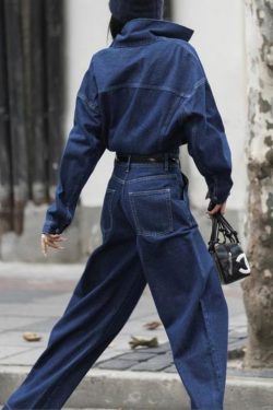 Loose Blue Peter Pan Collar Pockets High Waist Denim Jumpsuits Fall