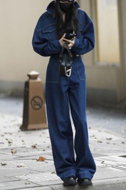 Loose Blue Peter Pan Collar Pockets High Waist Denim Jumpsuits Fall