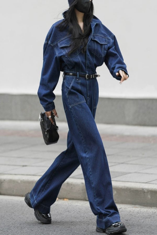 Loose Blue Peter Pan Collar Pockets High Waist Denim Jumpsuits Fall