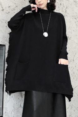 Loose Blue Pockets Side Open Knit Sweater Batwing Sleeve