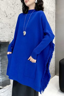 Loose Blue Pockets Side Open Knit Sweater Batwing Sleeve
