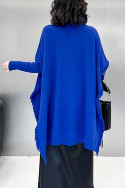 Loose Blue Pockets Side Open Knit Sweater Batwing Sleeve
