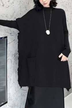 Loose Blue Pockets Side Open Knit Sweater Batwing Sleeve