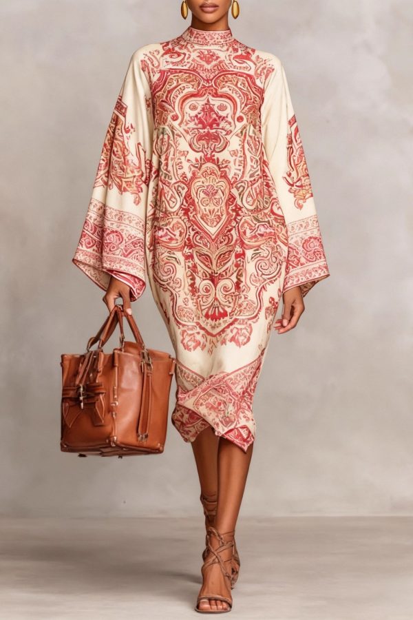 Loose Blue Stand Collar Print Silk Long Dresses Spring