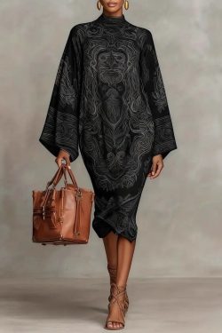 Loose Blue Stand Collar Print Silk Long Dresses Spring