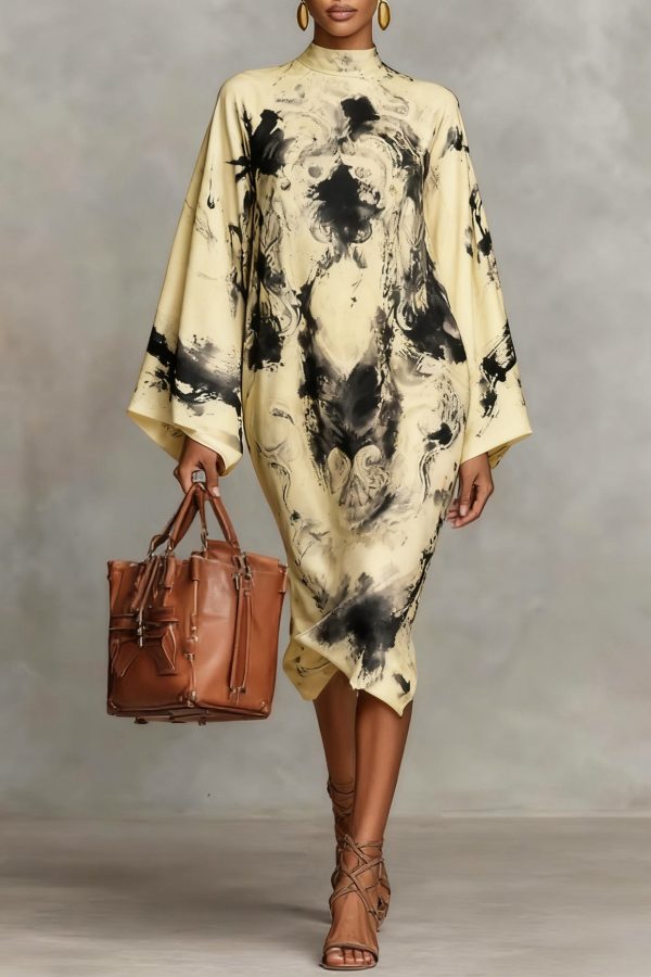 Loose Blue Stand Collar Print Silk Long Dresses Spring