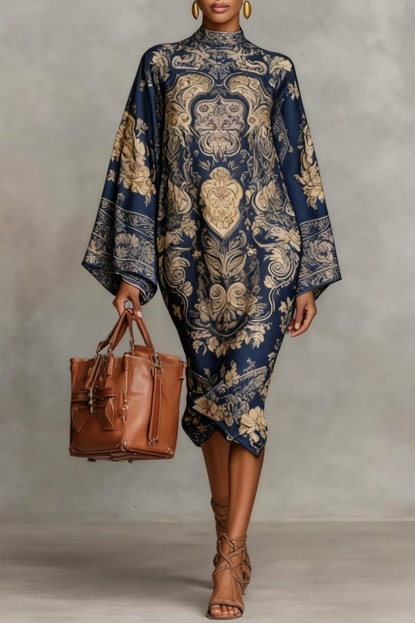 Loose Blue Stand Collar Print Silk Long Dresses Spring