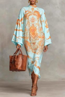 Loose Blue Stand Collar Print Silk Long Dresses Spring