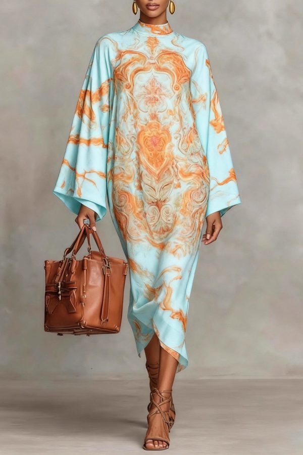 Loose Blue Stand Collar Print Silk Long Dresses Spring