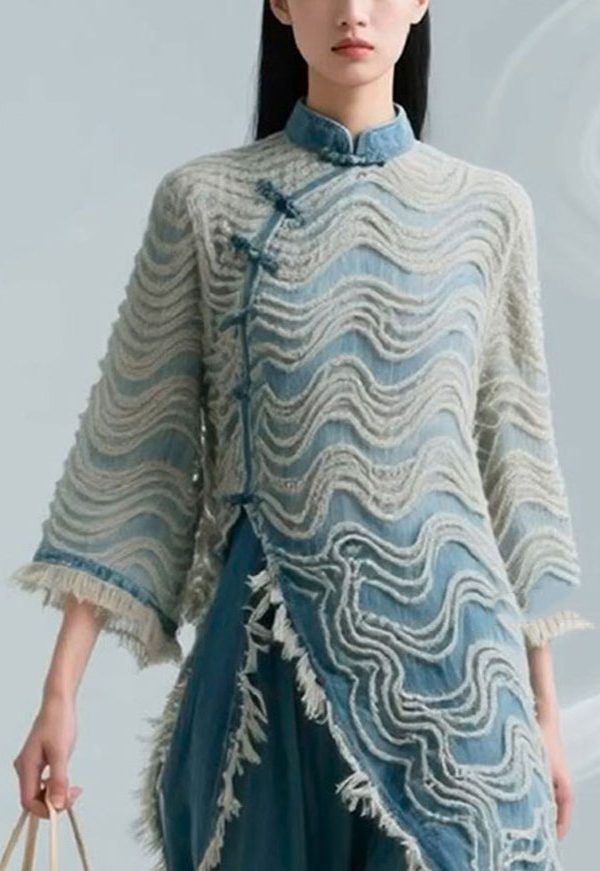 Loose Blue Striped Button Denim Shirts Bracelet Sleeve