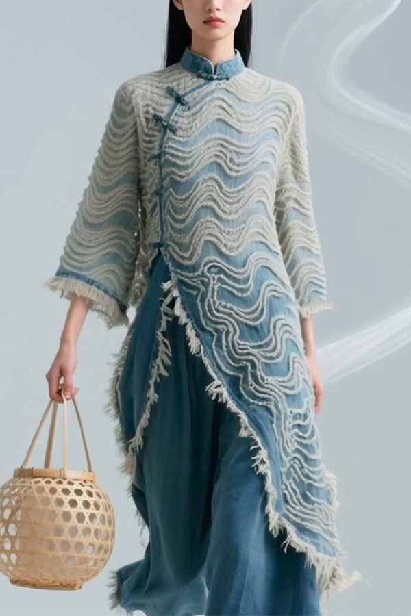 Loose Blue Striped Button Denim Shirts Bracelet Sleeve