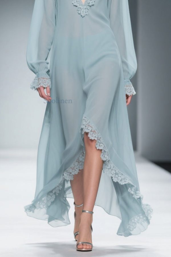 Loose Blue V Neck Lace Chiffon Dresses Flare Sleeve