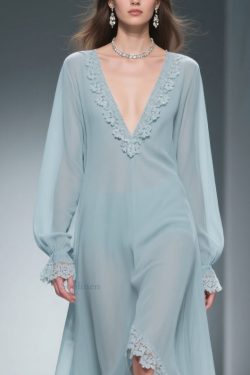 Loose Blue V Neck Lace Chiffon Dresses Flare Sleeve