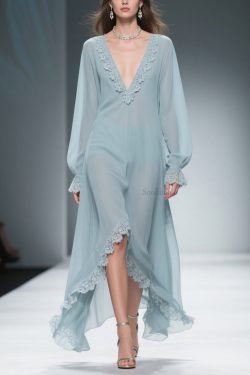 Loose Blue V Neck Lace Chiffon Dresses Flare Sleeve