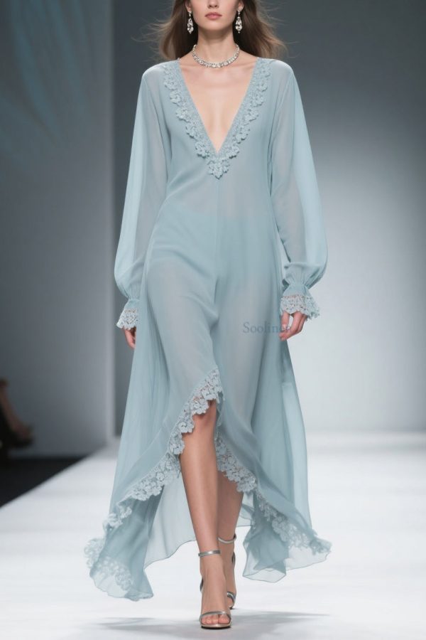 Loose Blue V Neck Lace Chiffon Dresses Flare Sleeve