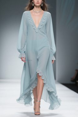 Loose Blue V Neck Lace Chiffon Dresses Flare Sleeve