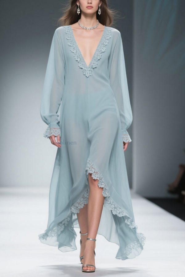 Loose Blue V Neck Lace Chiffon Dresses Flare Sleeve