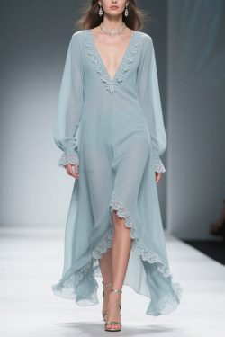 Loose Blue V Neck Lace Chiffon Dresses Flare Sleeve