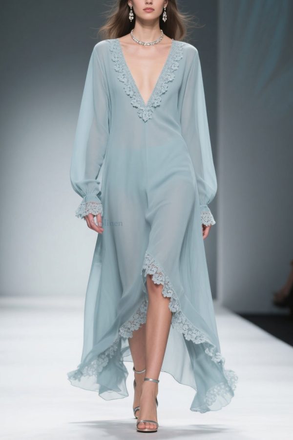 Loose Blue V Neck Lace Chiffon Dresses Flare Sleeve