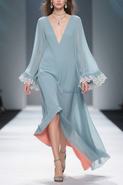 Loose Blue V Neck Solid Chiffon Maxi Dresses Flare Sleeve