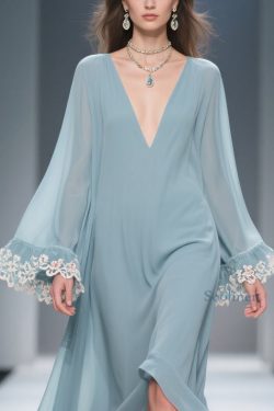 Loose Blue V Neck Solid Chiffon Maxi Dresses Flare Sleeve