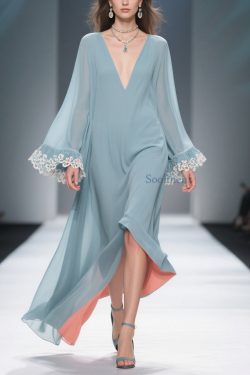 Loose Blue V Neck Solid Chiffon Maxi Dresses Flare Sleeve