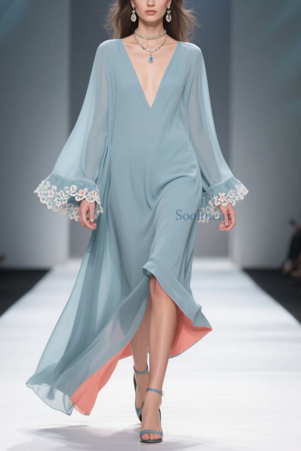 Loose Blue V Neck Solid Chiffon Maxi Dresses Flare Sleeve