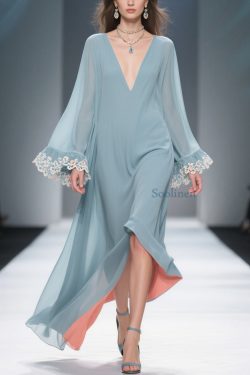Loose Blue V Neck Solid Chiffon Maxi Dresses Flare Sleeve