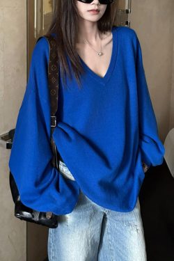 Loose Blue V Neck Solid Knit Sweater Tops Fall