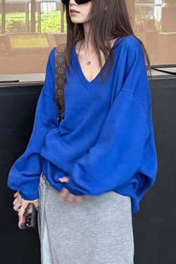 Loose Blue V Neck Solid Knit Sweater Tops Fall