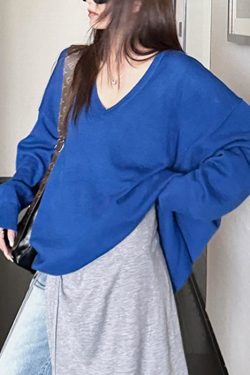 Loose Blue V Neck Solid Knit Sweater Tops Fall